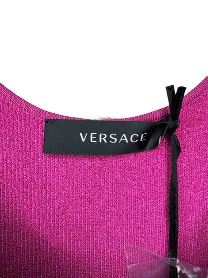 Vestito Versace fucsia in maglia stretch con bottoni Medusa dorati – Taglia IT 38