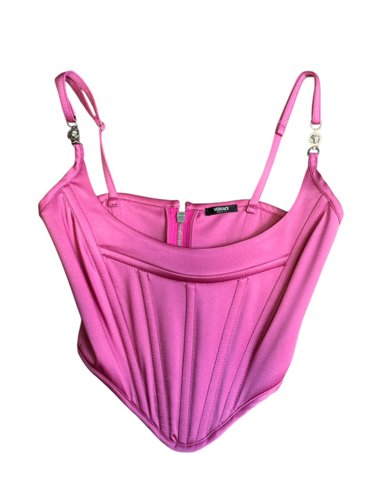 Top bustier Versace rosa satinato con Medusa e zip posteriore taglia 36