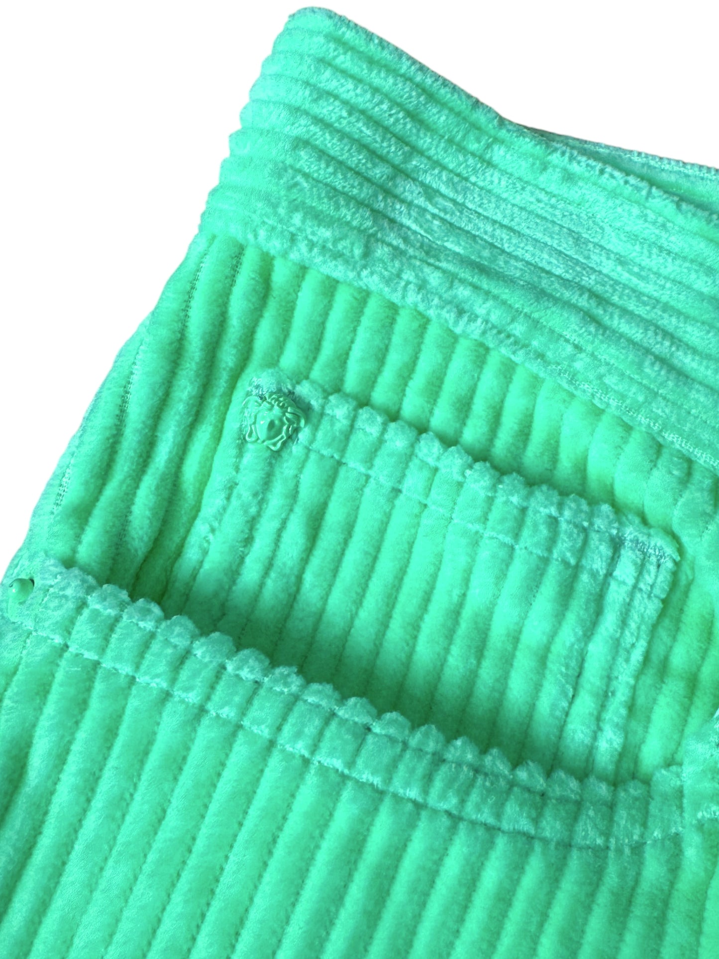 Versace completo giacca e pantaloni in velluto a coste verde lime Made In Italy.