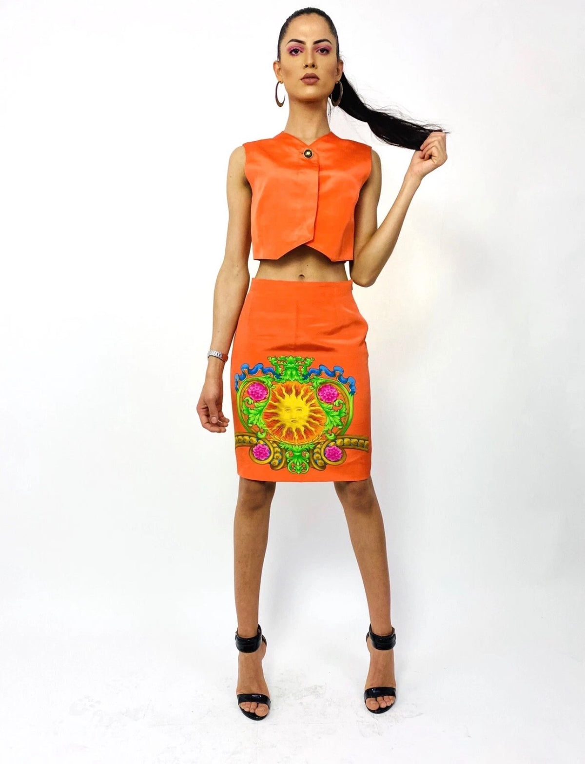 Gianni Versace Couture gonna stampa Sole Barocco arancio — foto 3