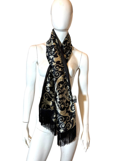 Sciarpa Gianni Versace Vintage in seta e cupro – Baroque Nero/Oro – Frange