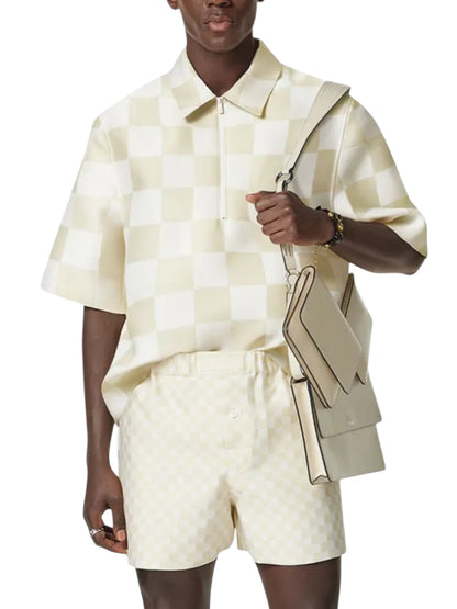 Polo Versace a scacchi misto seta duchesse, Made in Italy, nuova