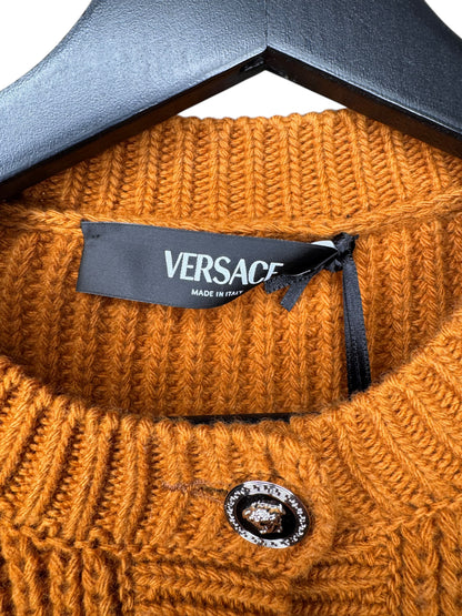 Cardigan Versace donna in lana 100% color cammello, bottoni Medusa, Made in Italy — foto 5