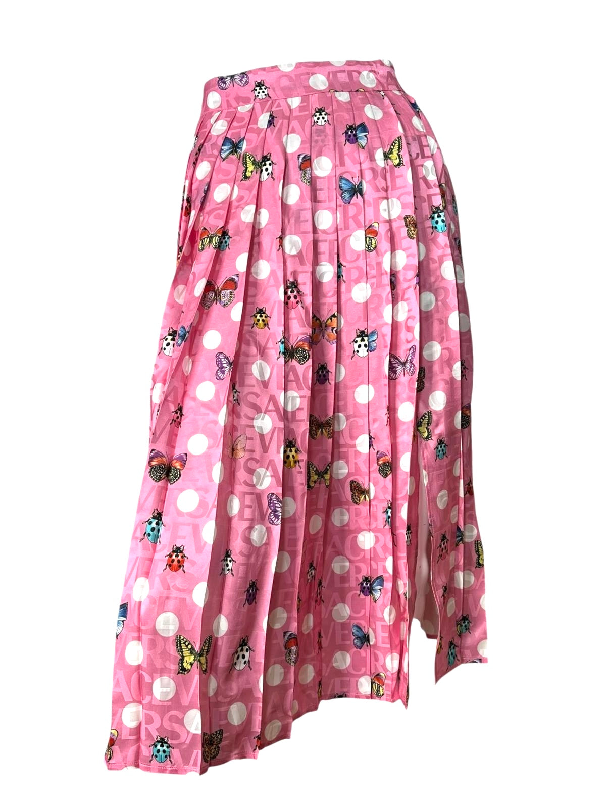 Versace gonna midi plissettata rosa con pois e stampa farfalle e coccinelle