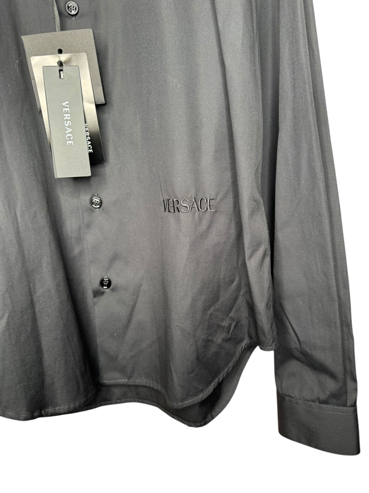 Versace Camicia Popeline Nera con Colletto e Spalle Stampa Barocco