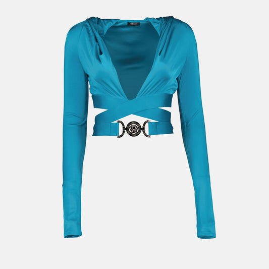 Top Versace Turchese con Cappuccio, Dettaglio Medusa in Argento, Size 40
