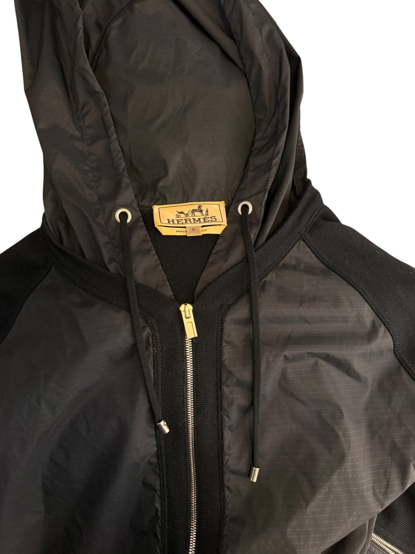 Hermès giacca con cappuccio lana e inserti tessuto tecnico nera zip frontale S — foto 3