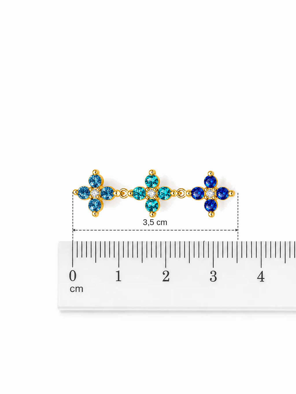 Orecchini pendenti dorati con fiori e cristalli blu 3,5 cm