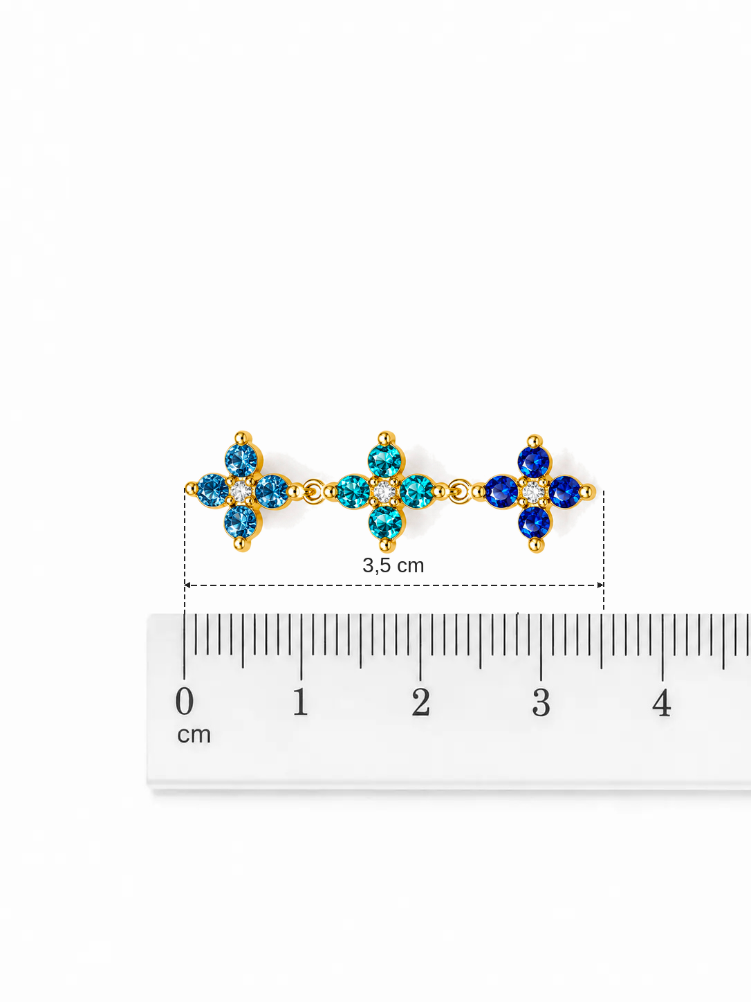 Orecchini pendenti dorati con fiori e cristalli blu 3,5 cm