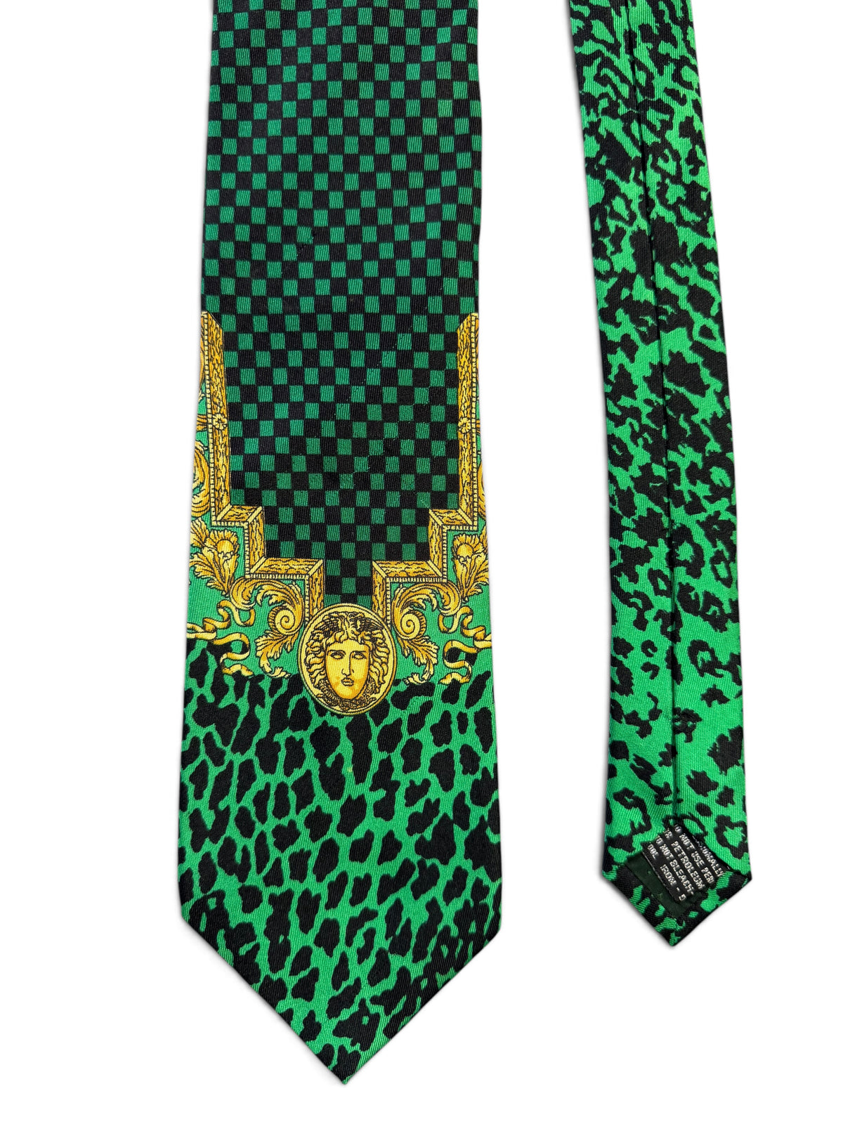 Cravatta Gianni Versace in seta verde stampa animalier Medusa Made in Italy