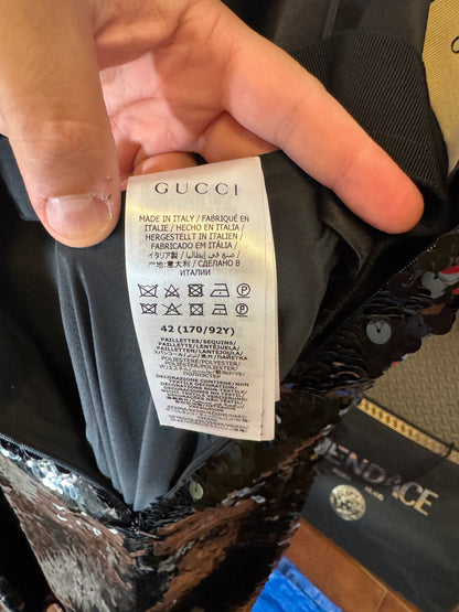 Abito lungo Gucci in seta con paillettes nere e dettagli cuore Made In Italy