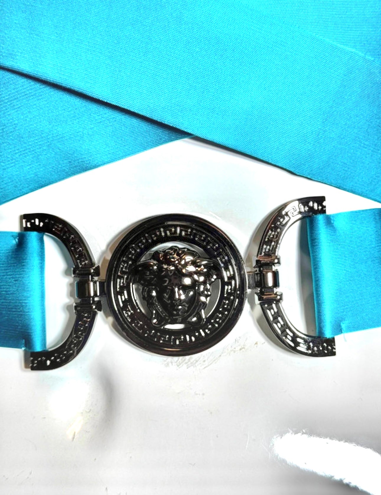 Top Versace Turchese con Cappuccio, Dettaglio Medusa in Argento, Size 40