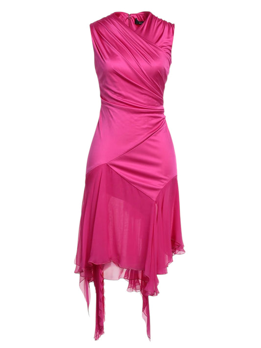 Vestito Versace cocktail in seta fucsia con drappeggi e orlo asimmetrico - taglia 36