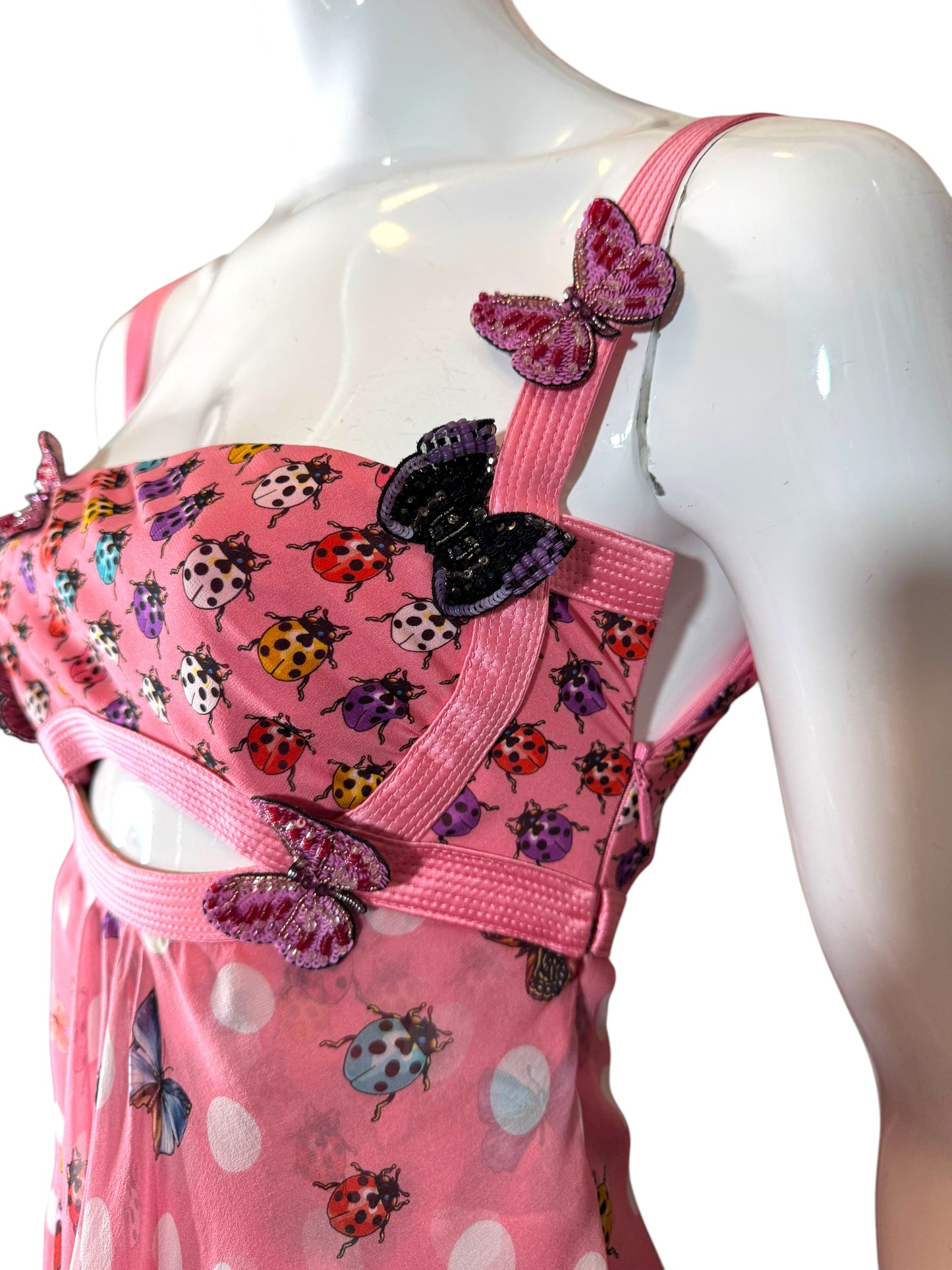 Versace Abito Seta Rosa Farfalle e Coccinelle