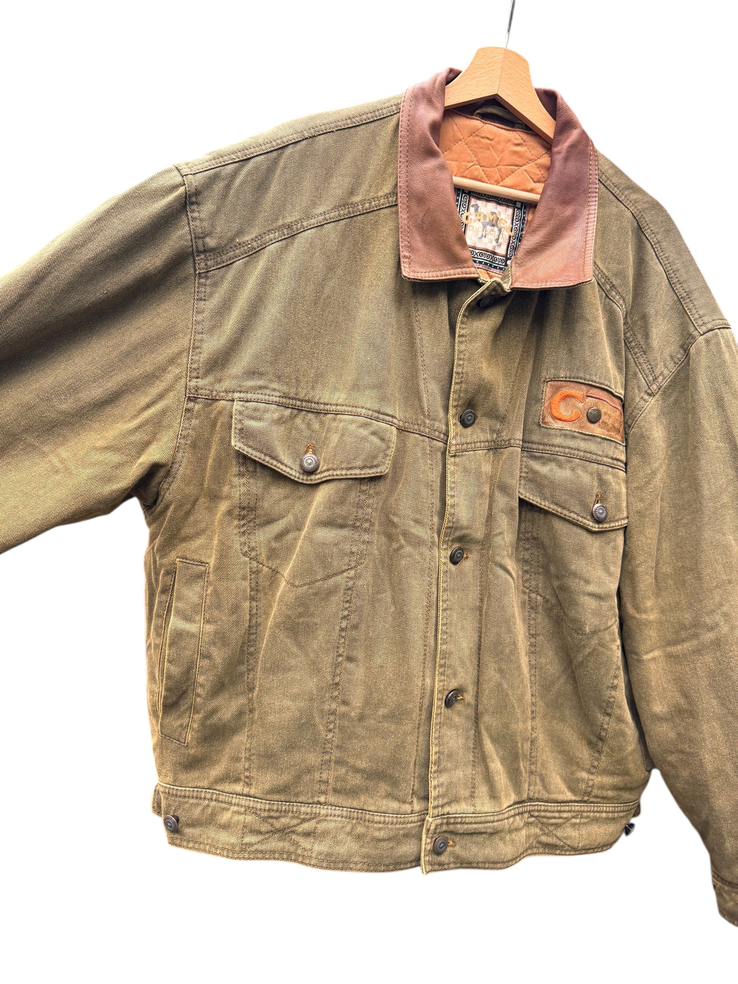Giacca Camel Collection in cotone imbottita con colletto in pelle vintage