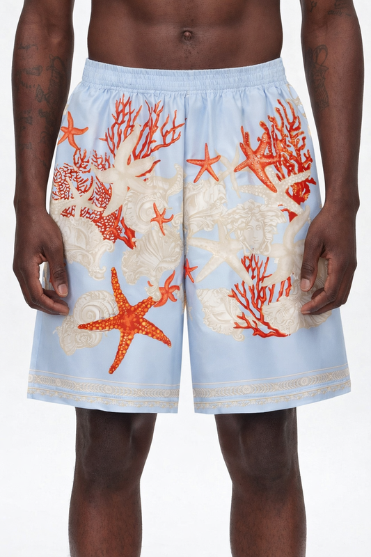 Shorts Versace in seta stampa marina azzurro, nuovi con cartellino