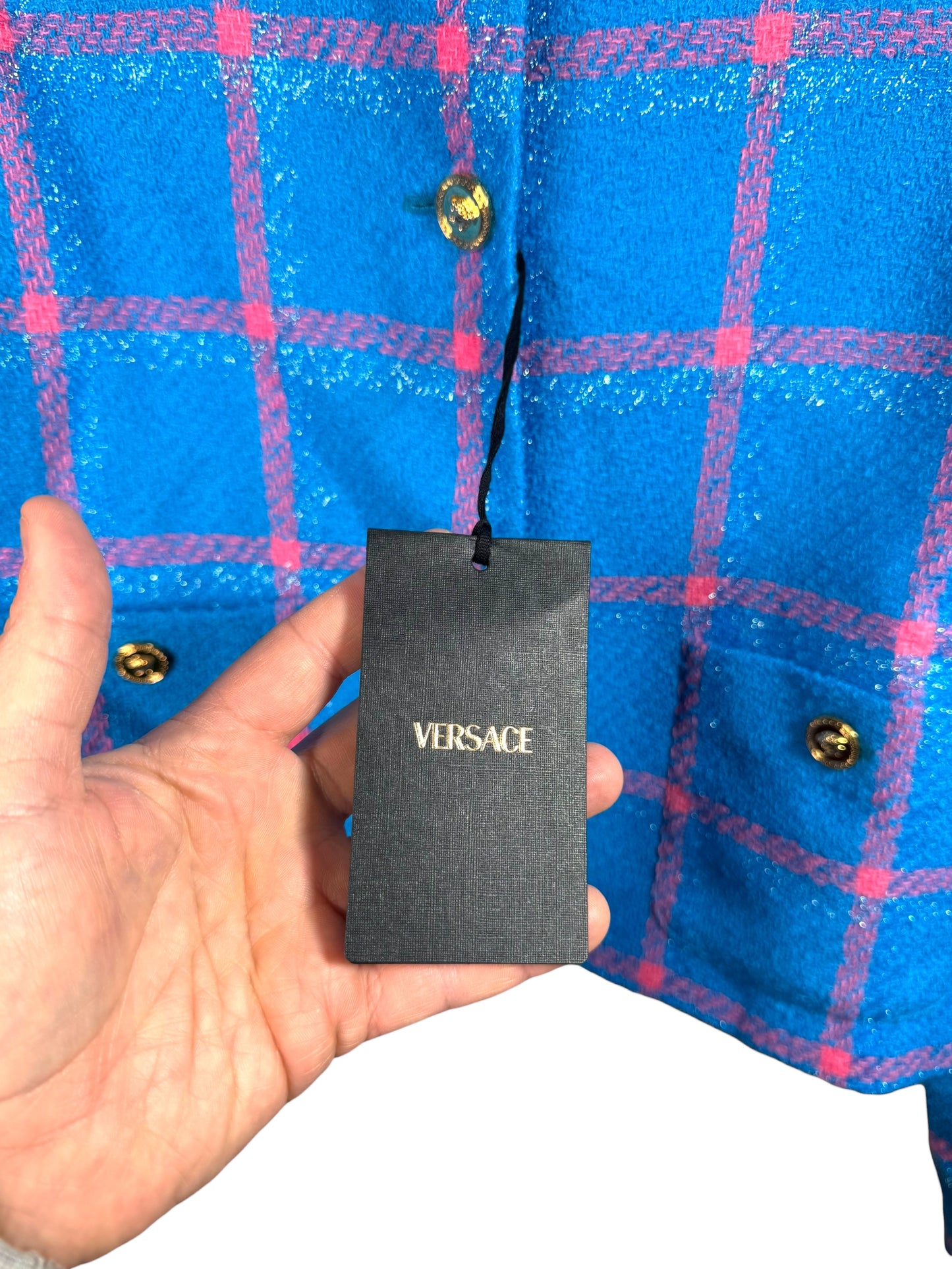 Giacca Versace lana lurex quadri Medusa blu rosa nuova taglia 50