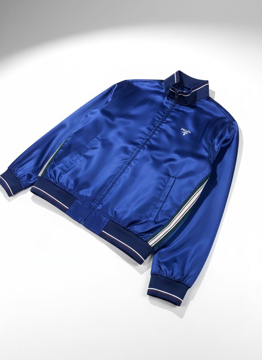 Prada giacca in seta blu con profili tricolore — foto 4