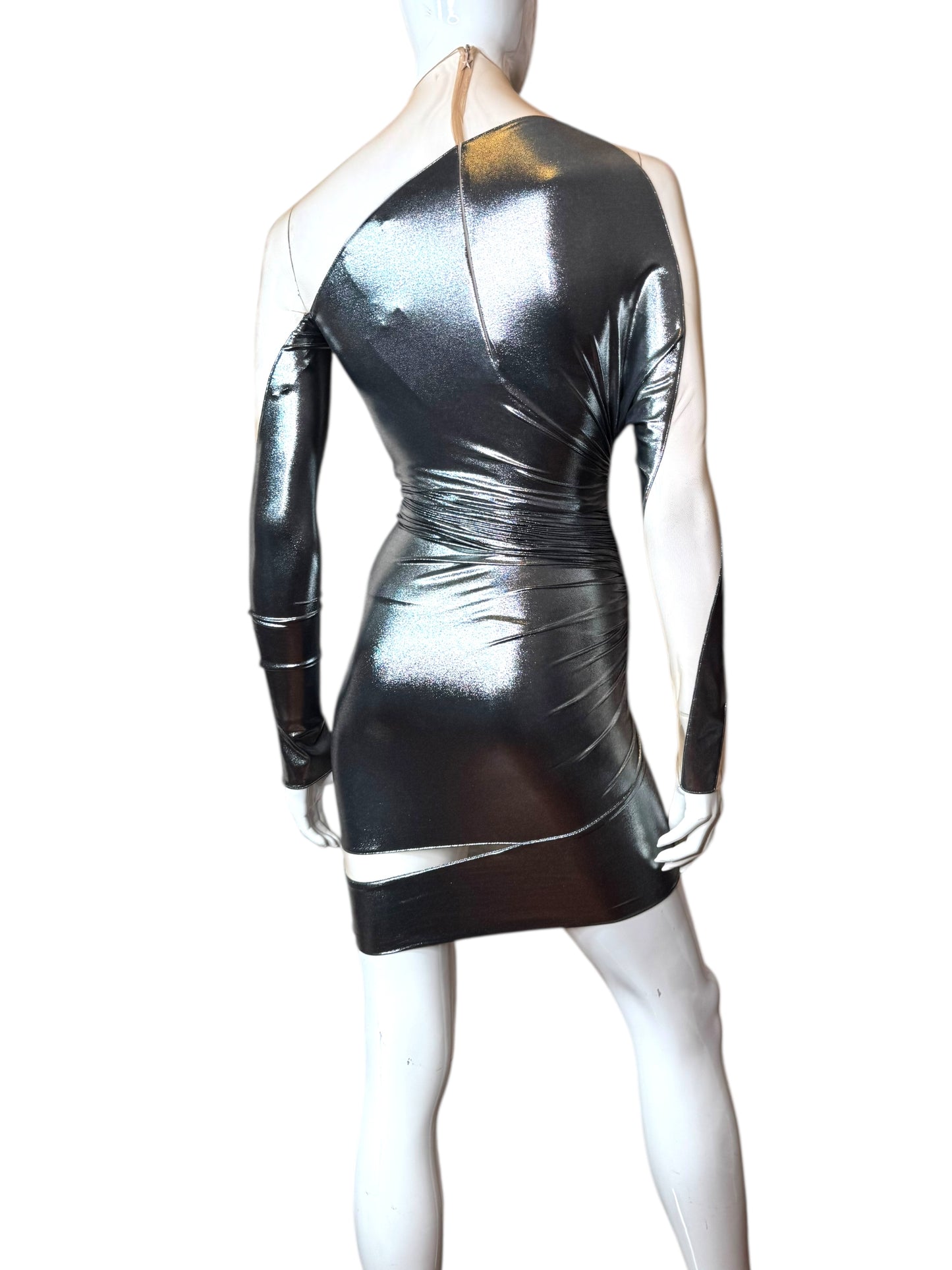Mugler abito mini asimmetrico chrome silver, taglia 32 FR (36 IT – XXS)