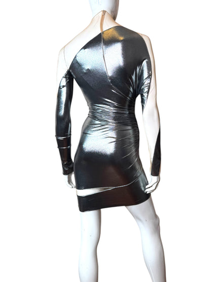 Mugler abito mini asimmetrico chrome silver, taglia 32 FR (36 IT – XXS)