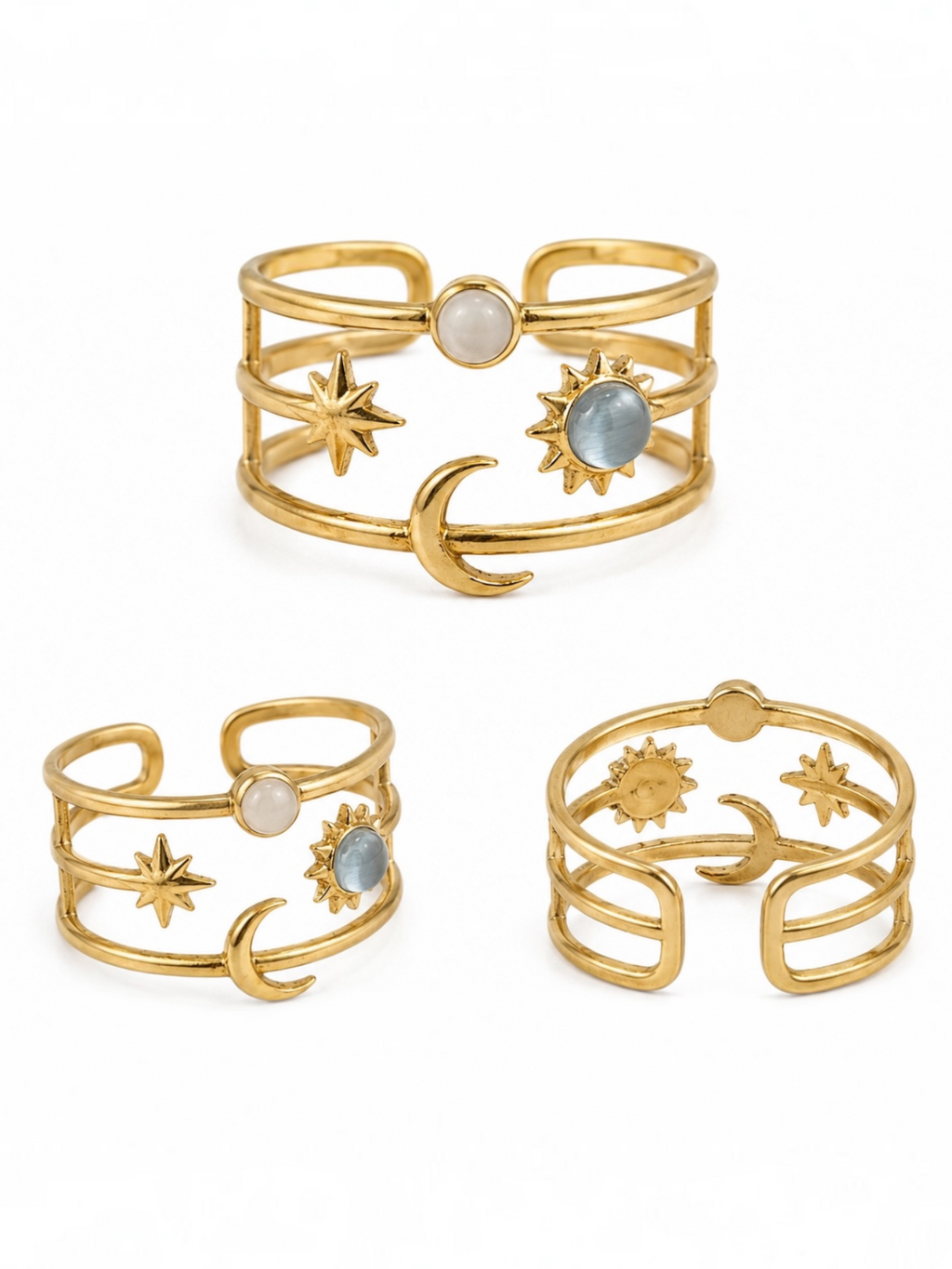 Anello regolabile dorato con Sole, Luna e Stelle