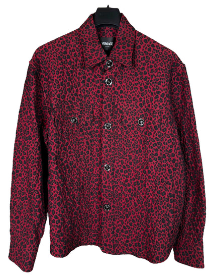 Giacca camicia Versace leopardata rosso/nero in cotone jacquard