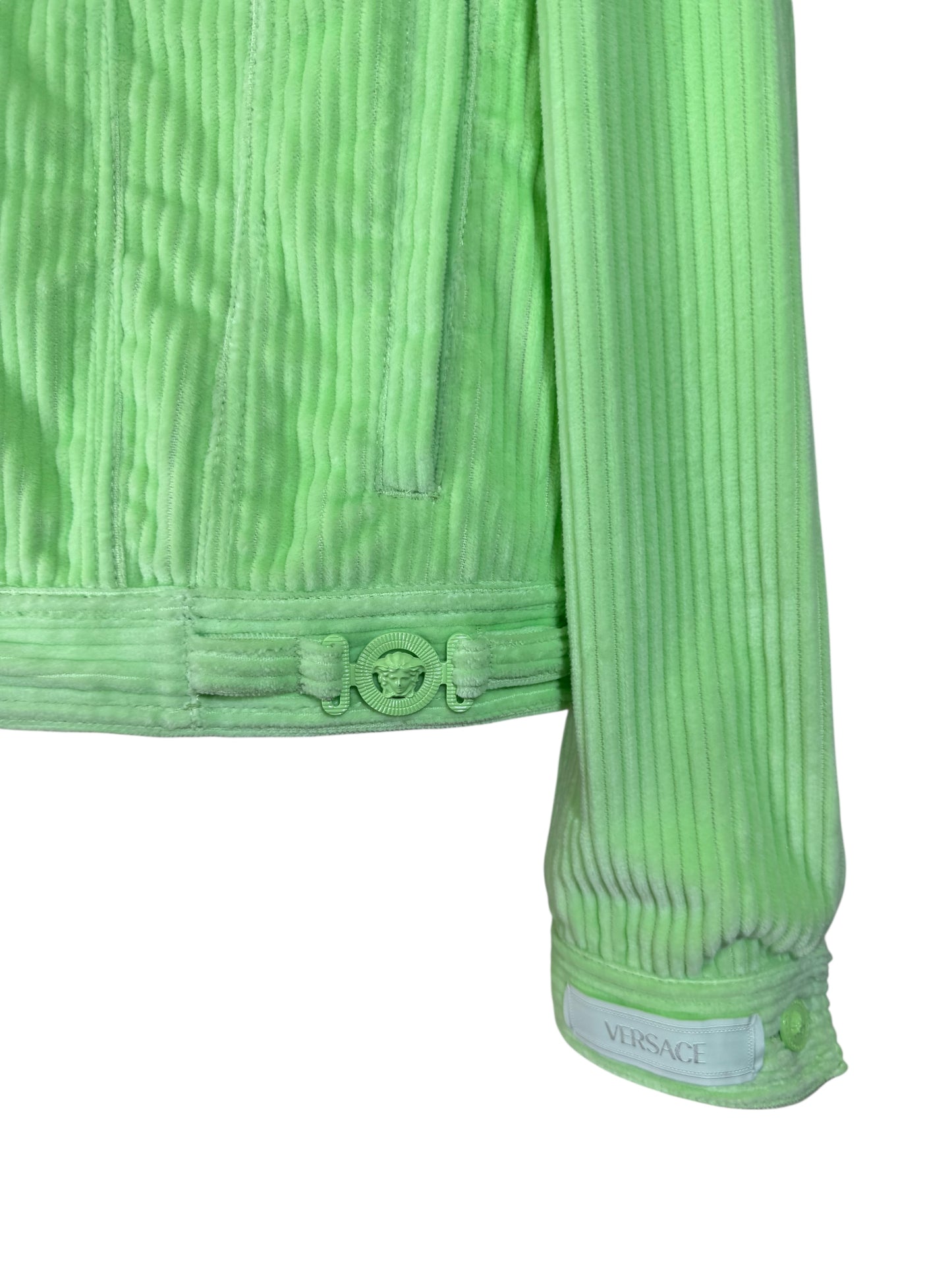 Versace completo giacca e pantaloni in velluto a coste verde lime Made In Italy.