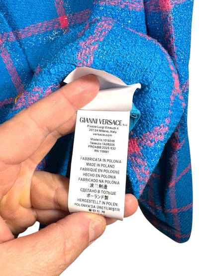 Giacca Versace lana lurex quadri Medusa blu rosa nuova taglia 50