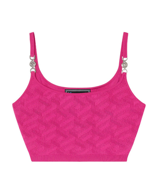 Top corto Versace fucsia con logo jacquard e dettagli Medusa, taglia 46