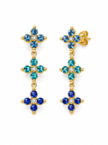 Orecchini pendenti dorati con fiori e cristalli blu 3,5 cm