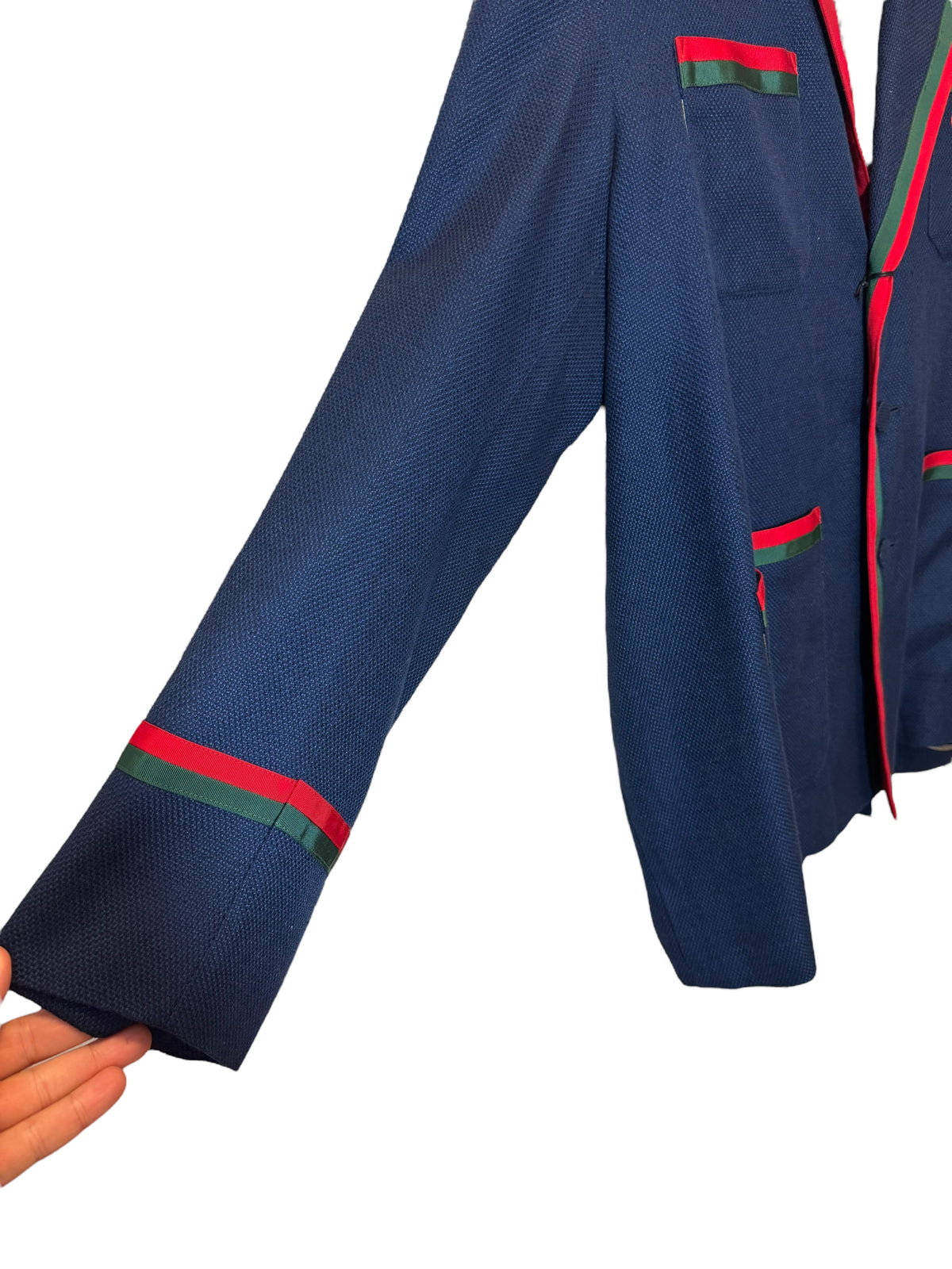 Giacca Blazer Gucci in lino blu con Web stripe e ricamo — foto 9