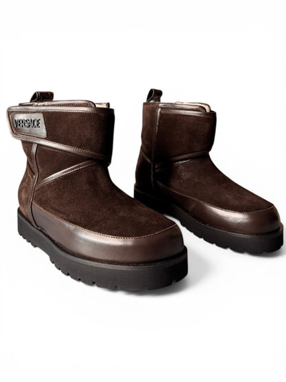 Stivaletti Versace in crosta e vitello ebano con interno in shearling Tg 42