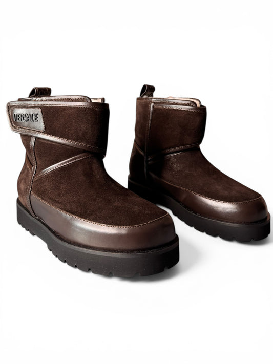 Stivaletti Versace in crosta e vitello ebano con interno in shearling Tg 42