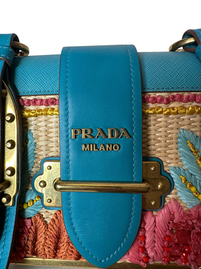 Prada borsa Cahier in pelle e raffia