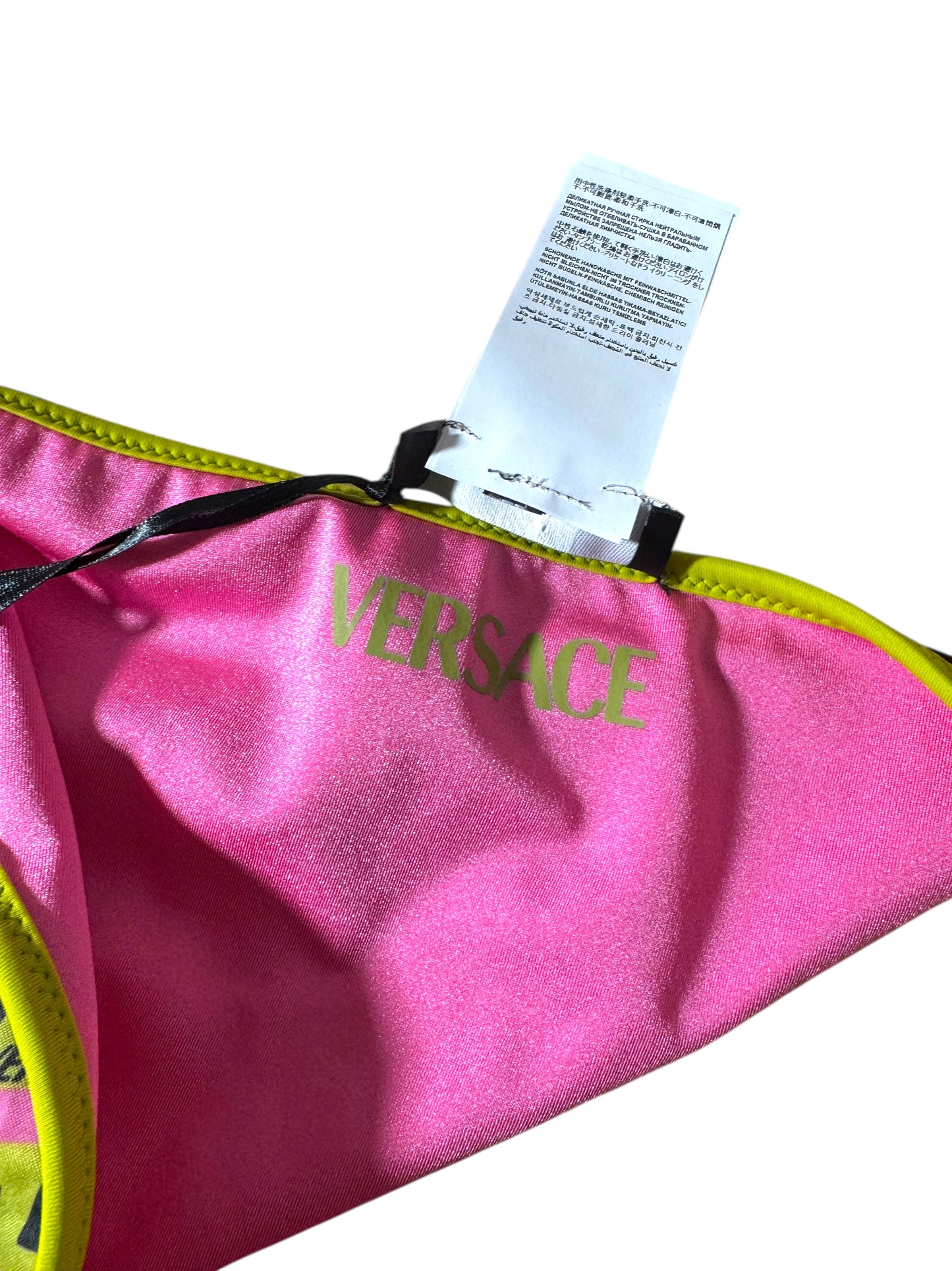 Slip Bikini Donna Versace con Lacci – Fantasia Geometrica Rosa/Giallo Fluo – Taglia 4