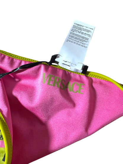 Slip Bikini Donna Versace con Lacci – Fantasia Geometrica Rosa/Giallo Fluo – Taglia 4