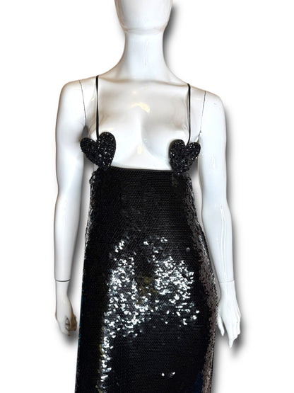 Abito lungo Gucci in seta con paillettes nere e dettagli cuore Made In Italy