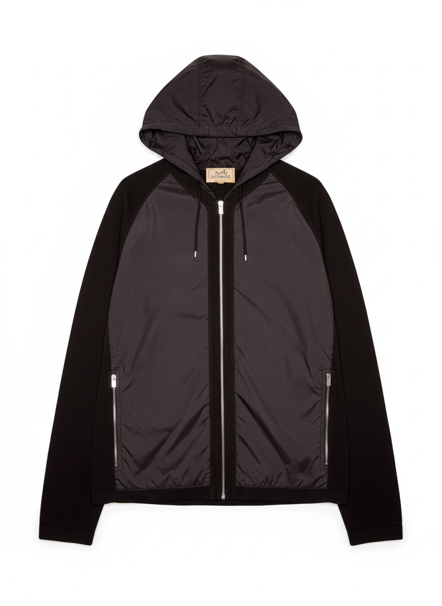 Hermès giacca con cappuccio lana e inserti tessuto tecnico nera zip frontale S