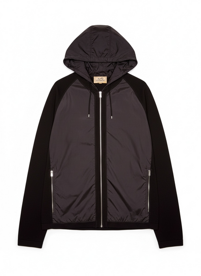 Hermès giacca con cappuccio lana e inserti tessuto tecnico nera zip frontale S