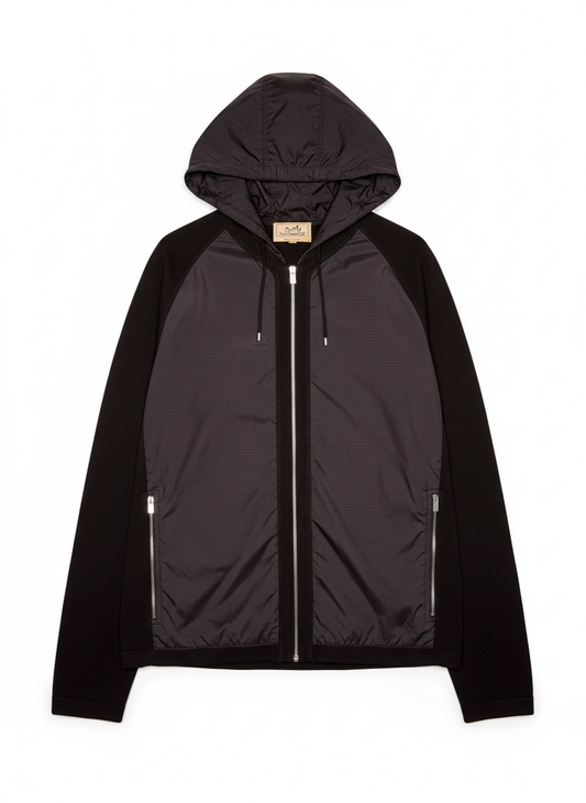 Hermès giacca con cappuccio lana e inserti tessuto tecnico nera zip frontale S