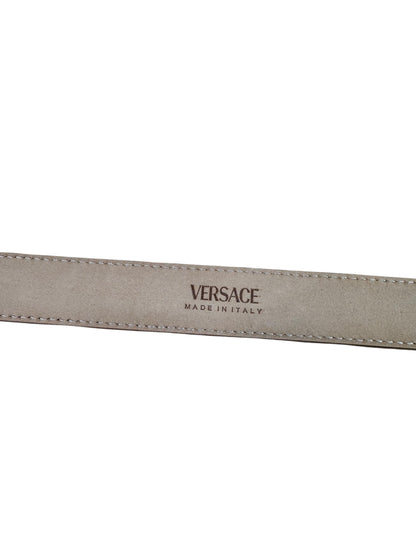 Cintura Versace marrone in pelle con doppia Medusa oro, misura 80