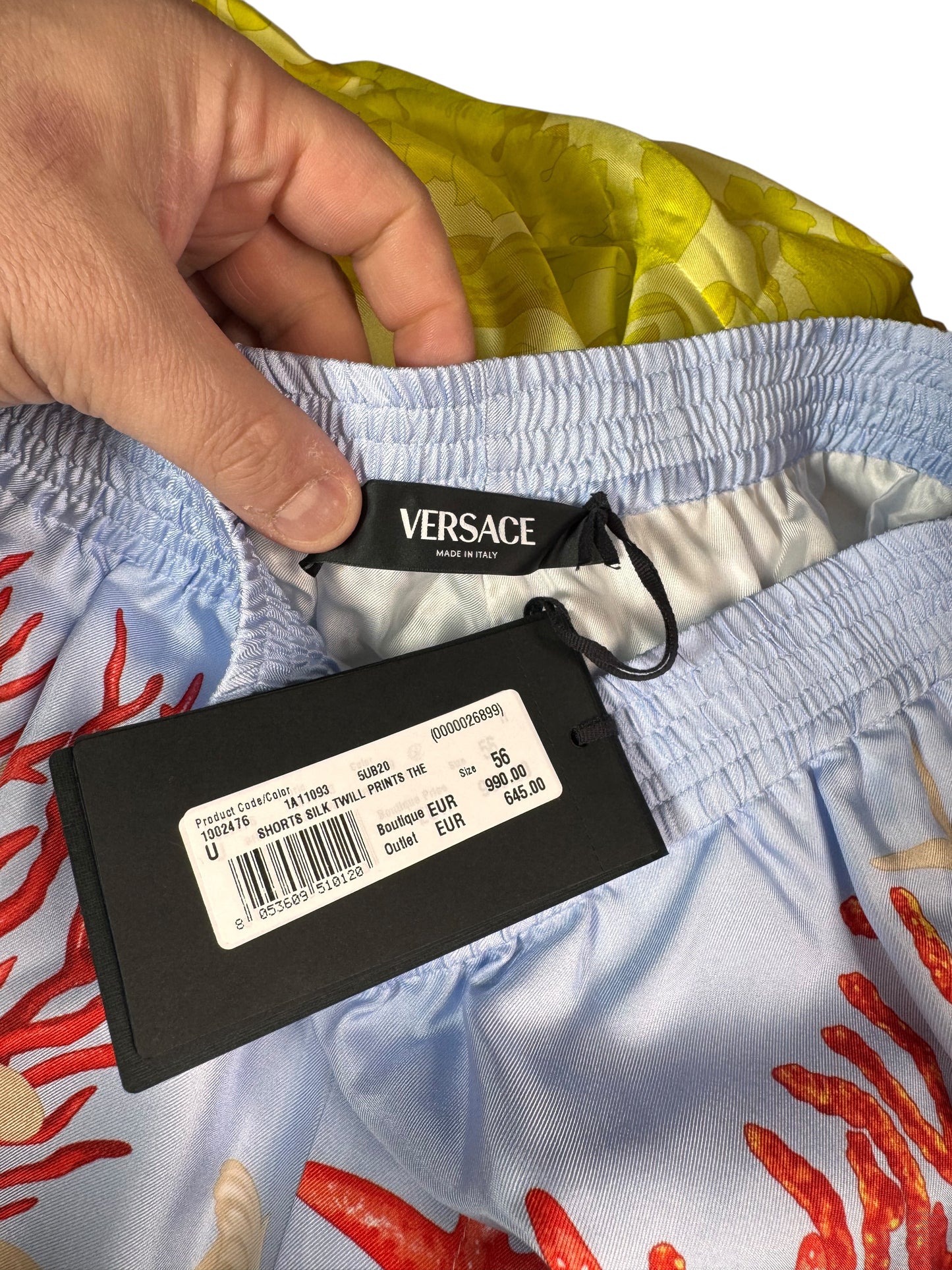 Shorts Versace in seta stampa marina azzurro, nuovi con cartellino