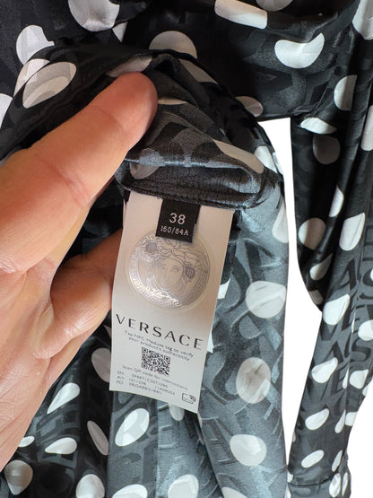 Camicia Versace pois con fiocco e logo jacquard nero bianco TG 38