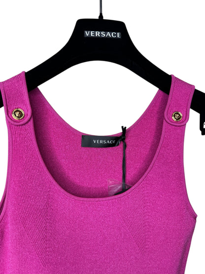 Vestito Versace fucsia in maglia stretch con bottoni Medusa dorati – Taglia IT 38