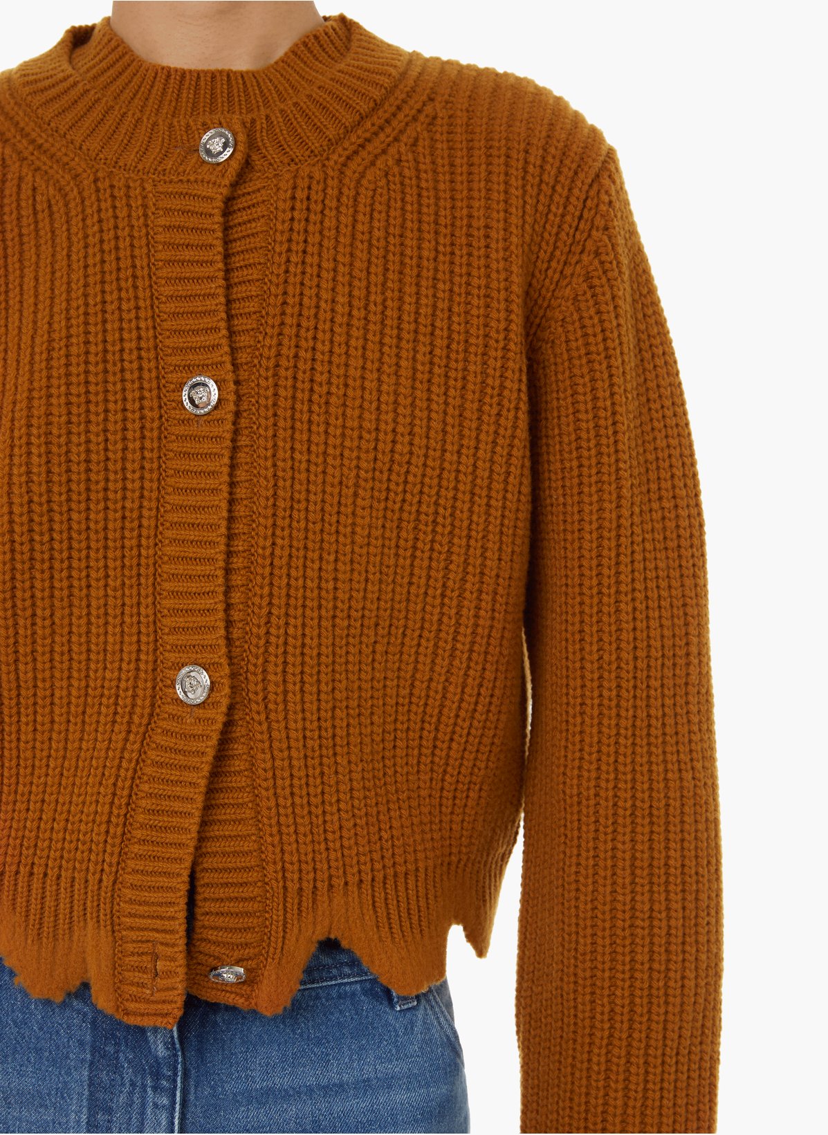 Cardigan Versace donna in lana 100% color cammello, bottoni Medusa, Made in Italy — foto 4