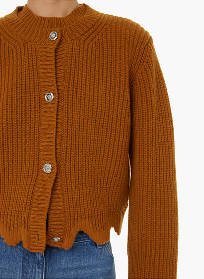 Cardigan Versace donna in lana 100% color cammello, bottoni Medusa, Made in Italy — foto 4