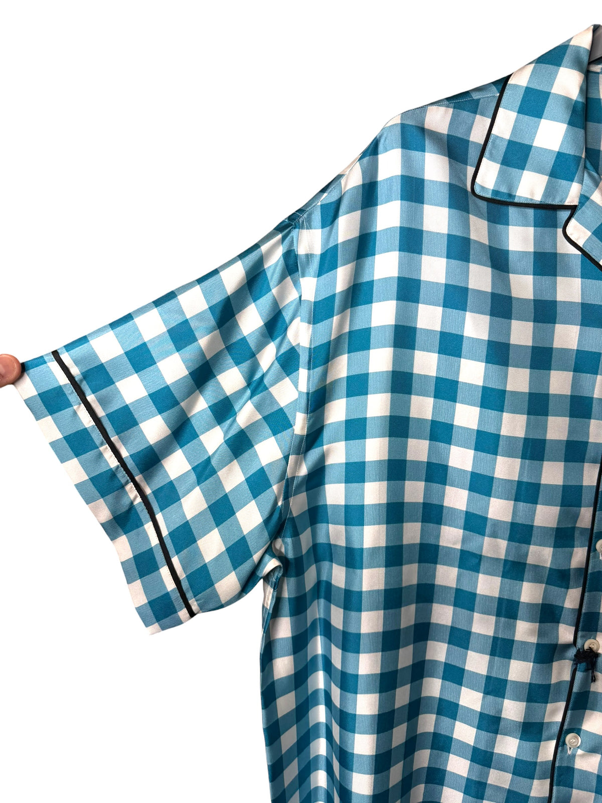 Prada camicia seta fantasia check azzurro bianco logo ricamato L — foto 3