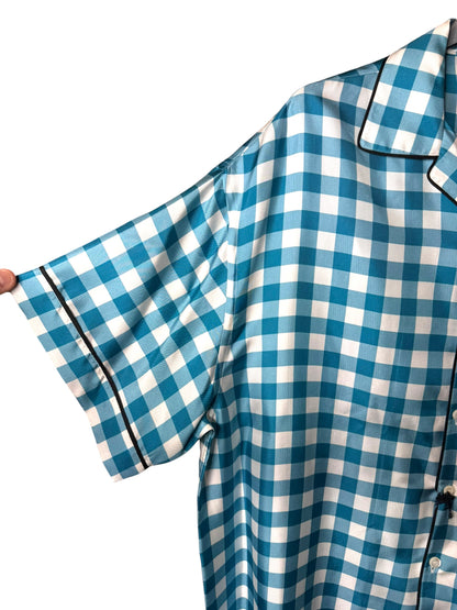 Prada camicia seta fantasia check azzurro bianco logo ricamato L — foto 3