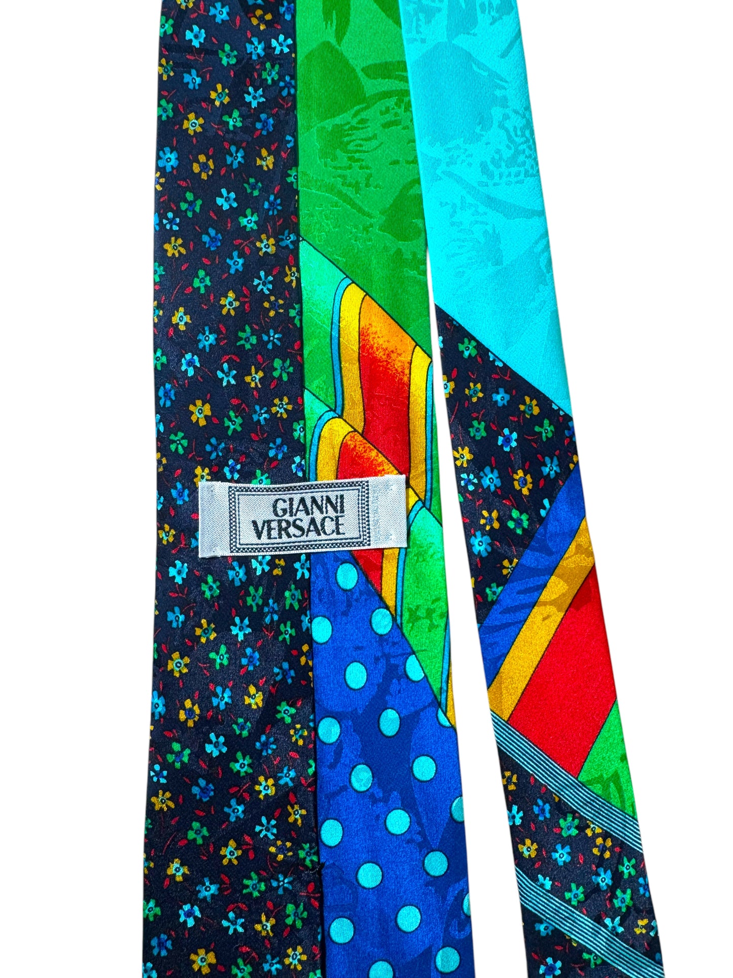 Cravatta vintage Gianni Versace 100% seta – patchwork floreale multicolor su sfondo nero e verde