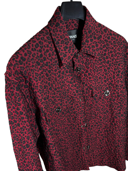 Giacca camicia Versace leopardata rosso/nero in cotone jacquard